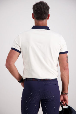 Mens polo shirt paired with breeches, back view showing tailored fit, perfect for equestrians and casual outings.