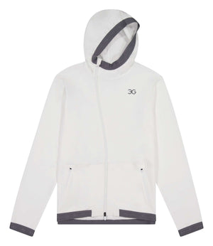 White Gallant Equestrian Mens Equestrian Hoodie with asymmetrical zip and elastic hood, featuring a soft cotton-spandex blend for comfort.
