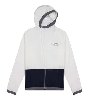 Gallant Equestrian Lightweight Mens Equestrian Rain Jacket with asymmetrical zip and elastic hood, shown in white and navy.