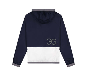 Gallant Equestrian Mens Equestrian Rain Jacket in navy and bone, featuring an asymmetrical zip and elastic webbing hood.