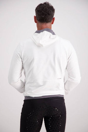 Gallant Equestrian Mens Equestrian Hoodie in white with asymmetrical zip, featuring elastic hood webbing and a soft, breathable cotton-spandex fabric.