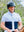 Mens show shirt in white and navy with button-down collar and tie holder worn by male equestrian rider