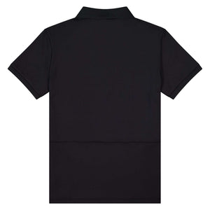 Black men's polo shirt with short sleeves and tailored slim fit made from breathable recycled polyester and spandex.