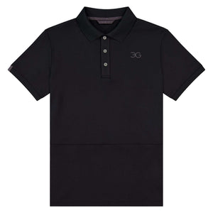 Black men's polo shirt with slim fit made from breathable recycled polyester and spandex, ideal for casual riding and comfort.