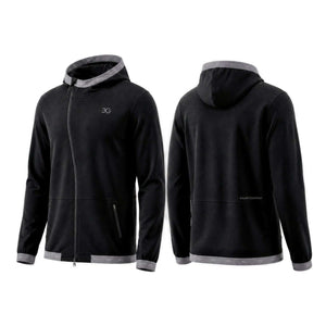 Black mens equestrian hoodie with slim fit, asymmetrical zip, and elastic hood band for riding and casual wear