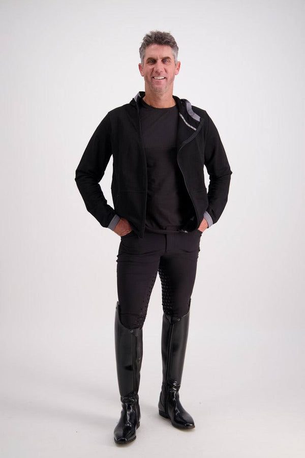 Slim fit black Mens Equestrian Hoodie with asymmetrical zip and no drawstrings, worn by a model.