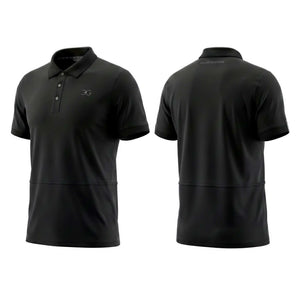 Black men's polo shirt designed for riding, lightweight and breathable with a tailored slim fit