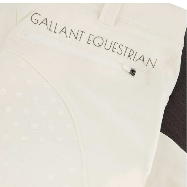 Mens full-seat equestrian breeches with Gallant Equestrian logo, durable stretch fabric, and secure zip pocket.