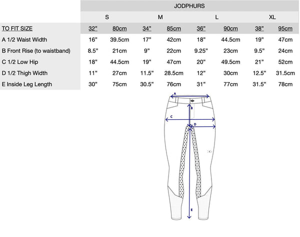 Gallant Equestrian Mens Breeches size chart with measurements for waist, front rise, low hip, thigh width, and leg length in sizes S to XL.