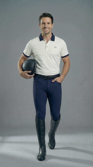 Men's equestrian polo shirt bone color slim fit breathable recycled polyester and Lycra