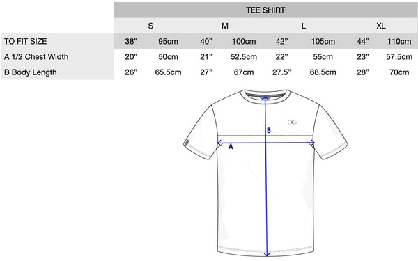 Size chart for Gallant Equestrian Mens Short Sleeve Tee with measurements for sizes S, M, L, XL.