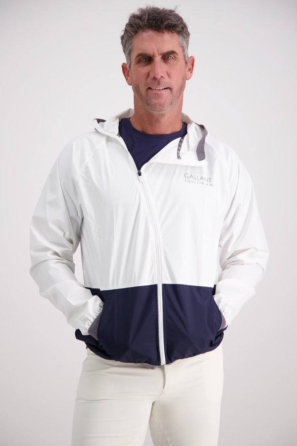  Mens Equestrian Rain Jacket in bone and navy, lightweight and breathable with an asymmetrical zip and elastic hood.