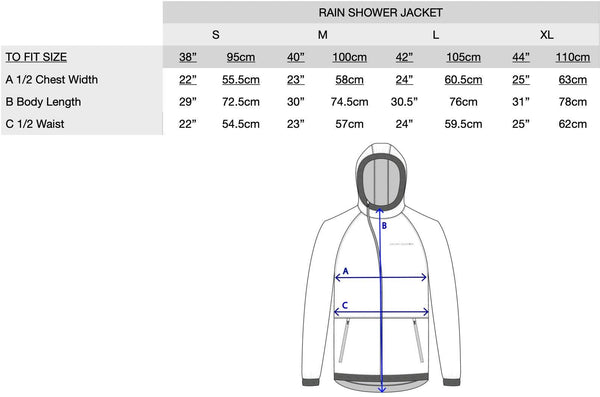 Gallant Equestrian Mens Equestrian Rain Jacket size chart and design illustration.