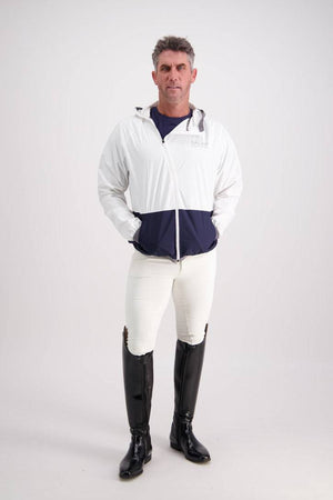 Gallant Equestrian Lightweight Mens Equestrian Rain Jacket in bone and navy with asymmetrical zip for comfort, designed for riding.