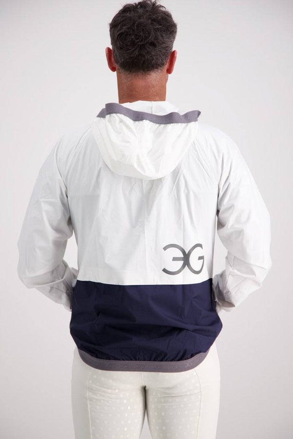 Mens Equestrian Rain Jacket in bone and navy with asymmetrical zip and elastic hood, back view.