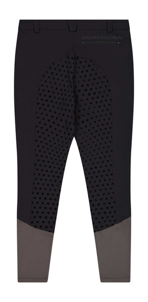 Black and gray Gallant Equestrian Mens Breeches with full seat, deep pockets, and lockdown zips for secure fit.