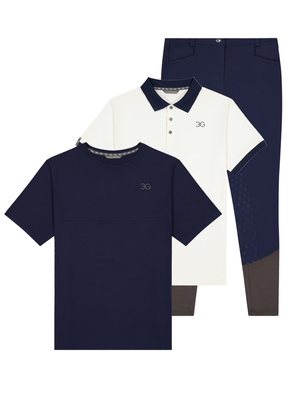 Navy, navy  and bone polo shirts with navy breeches on a white background