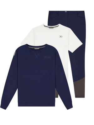 Navy sweater, bone  t-shirt, and navy breeches on a white background