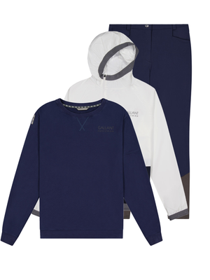 Navy and white rsin jacket, navy sweatshirt and navy breeches on a white background