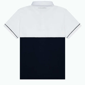 White and navy mens show shirt with slim fit and breathable fabric for competition riding
