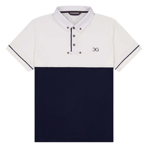 White and navy men's show shirt with button-down collar and subtle logo, designed for comfort and style in competition riding