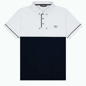 White and navy mens show shirt with slim fit and cotton button-down collar for competition riding