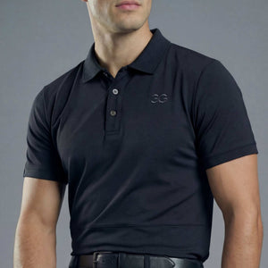 Black mens polo shirt for equestrian casual riding with slim fit and breathable fabric