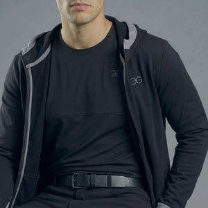 Black mens equestrian hoodie with slim fit, asymmetrical zip, and elastic hood detailing for riding and casual wear