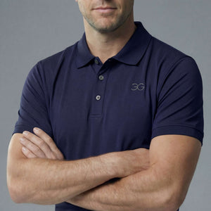 Navy mens equestrian polo shirt with tailored slim fit and breathable recycled polyester blend