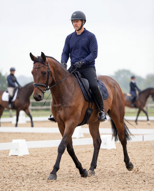 Man riding a horse in an equestrian setting with other riders in the background.