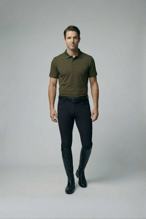 Men's olive polo shirt with slim fit, breathable recycled polyester, ideal for casual riding and equestrian style