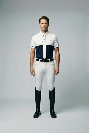 White and navy men's show shirt with breathable fabric and tailored slim fit for riding competitions