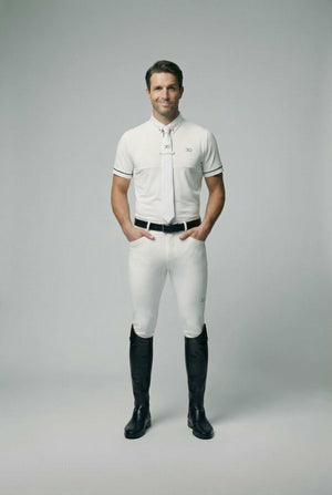 White men's show shirt with modern button-down collar and slim fit for riding competitions