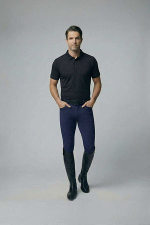 Navy men's breeches with knee silicone grip, mid-rise fit, French fly closure, and zippered pockets designed for equestrian performance