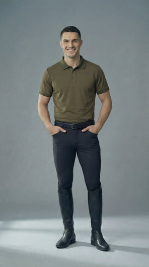 Olive mens polo shirt for equestrians made from breathable recycled polyester and spandex with a tailored slim fit