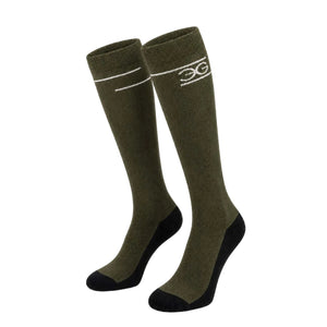 A pair of olive green knee-high socks with black toes, heels, and soles, featuring white stripe details and a white embroidered logo on the cuffs, shown against a plain white background.