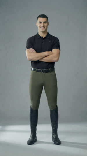 Men's full-seat olive breeches with grip, mid-rise fit, French fly, and zippered pockets for equestrian use