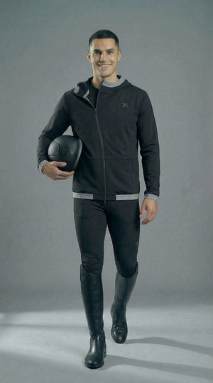 Black mens equestrian hoodie with slim fit, asymmetrical zipper, elastic hood webbing, and breathable cotton-spandex blend for riding and casual wear