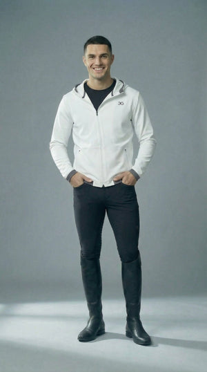 White men's equestrian hoodie with slim fit and asymmetrical zip for riding and casual wear