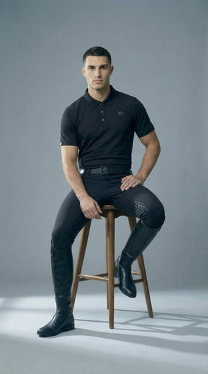 Black mens polo shirt for equestrian riding with slim fit and breathable fabric