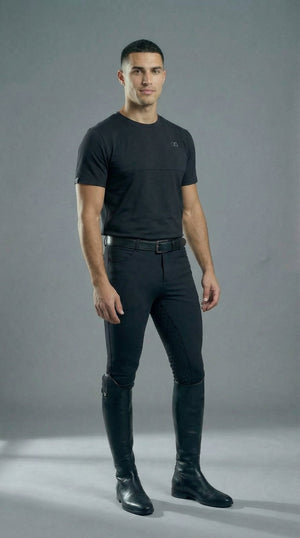 Mens breeches full-seat black equestrian riding pants with zippered pockets and lockdown zips