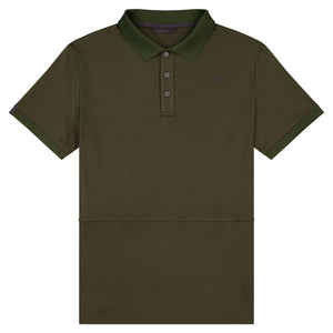 Olive mens polo shirt with slim fit, breathable recycled polyester blend, perfect for casual riding and everyday comfort