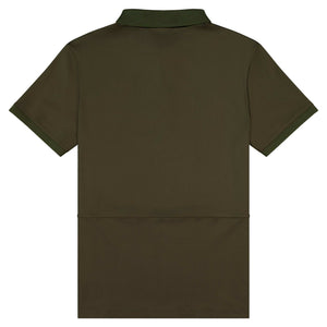 Olive slim fit mens polo shirt made from breathable recycled polyester and spandex, ideal for casual riding and stylish comfort