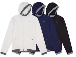 Set of three riding hoodies in white, navy, and black with grey trim, hoodie bundle essential for casual wear