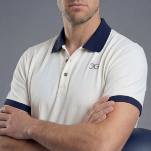 Men's equestrian polo shirt in bone color with tailored slim fit and breathable recycled polyester blend