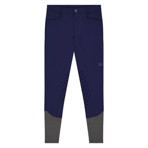 Navy men's breeches with knee silicone grip, mid-rise, stretch fabric, French fly, deep front and zippered back pockets