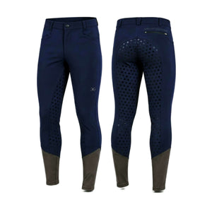 Navy men's full-seat breeches with mid-rise design and secure zippered pockets for riding and activewear