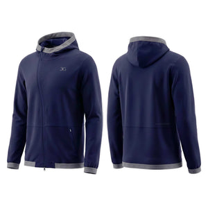 Navy equestrian mens hoodie with asymmetrical zip and elastic hood detailing for riding comfort