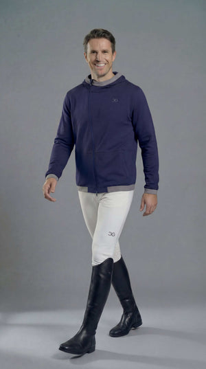Navy mens equestrian hoodie with asymmetrical zip and elastic hood band for riding comfort