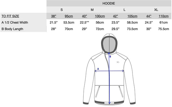  Gallant Equestrian Mens Equestrian Hoodie  size chart and design illustration with asymmetrical zip and elastic hood features.